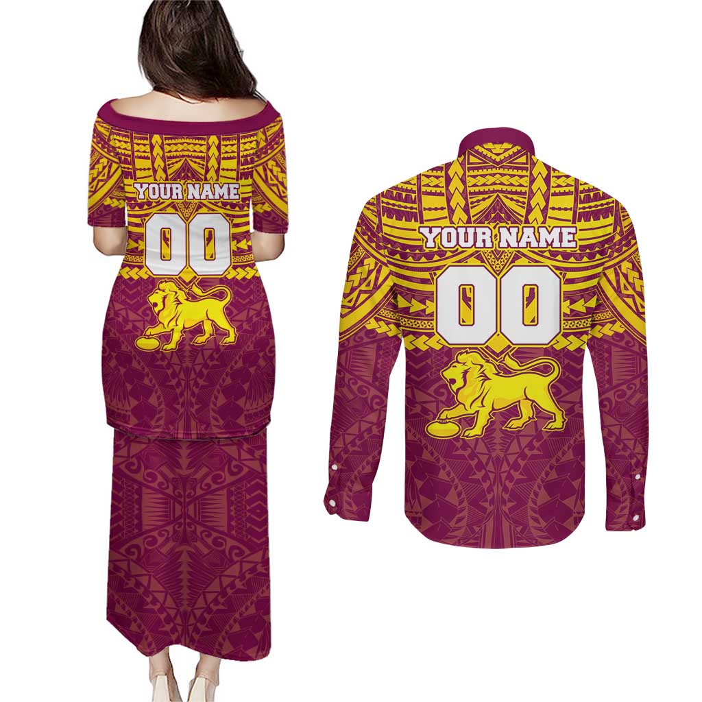 Personalized Brisbane Lions Couples Matching Puletasi and Long Sleeve Button Shirt Polynesian Tribal Pattern Heritage Football