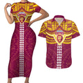 Personalized Brisbane Lions Couples Matching Short Sleeve Bodycon Dress and Hawaiian Shirt Polynesian Tribal Pattern Heritage Football
