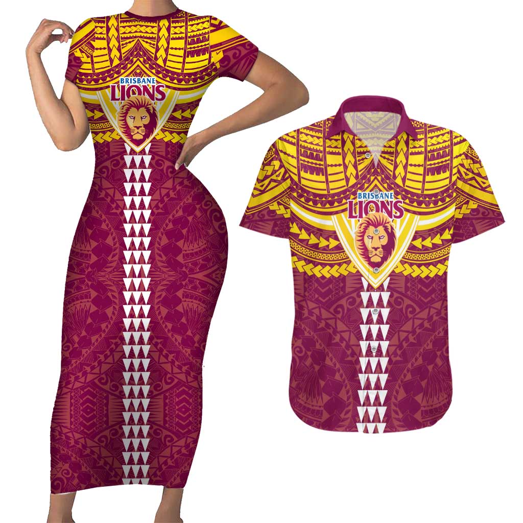 Personalized Brisbane Lions Couples Matching Short Sleeve Bodycon Dress and Hawaiian Shirt Polynesian Tribal Pattern Heritage Football
