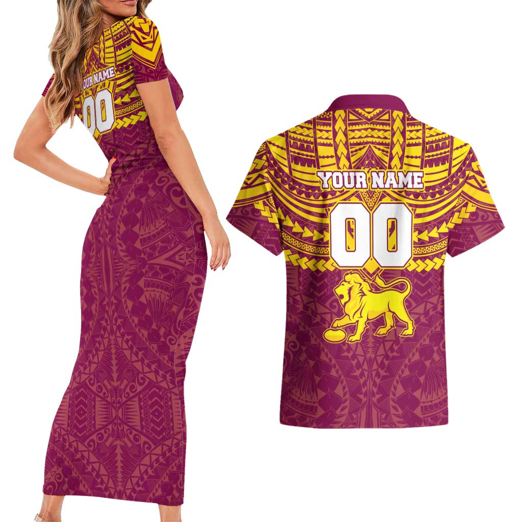 Personalized Brisbane Lions Couples Matching Short Sleeve Bodycon Dress and Hawaiian Shirt Polynesian Tribal Pattern Heritage Football