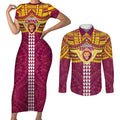 Personalized Brisbane Lions Couples Matching Short Sleeve Bodycon Dress and Long Sleeve Button Shirt Polynesian Tribal Pattern Heritage Football