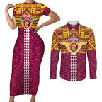 Personalized Brisbane Lions Couples Matching Short Sleeve Bodycon Dress and Long Sleeve Button Shirt Polynesian Tribal Pattern Heritage Football