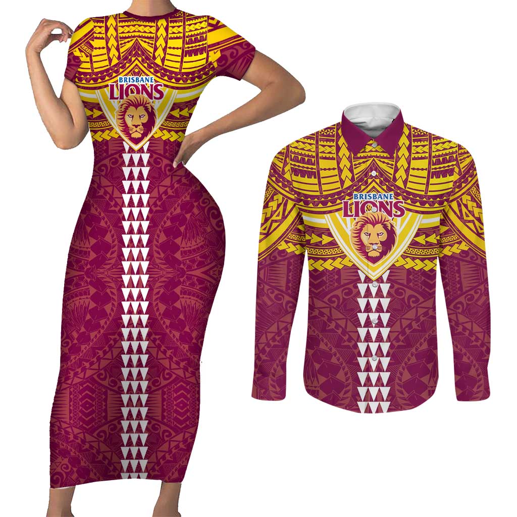 Personalized Brisbane Lions Couples Matching Short Sleeve Bodycon Dress and Long Sleeve Button Shirt Polynesian Tribal Pattern Heritage Football