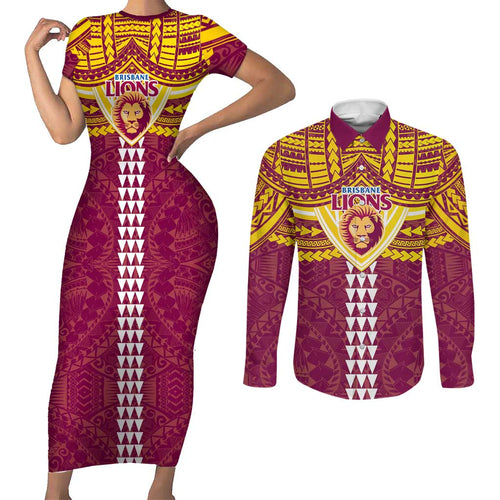 Personalized Brisbane Lions Couples Matching Short Sleeve Bodycon Dress and Long Sleeve Button Shirt Polynesian Tribal Pattern Heritage Football