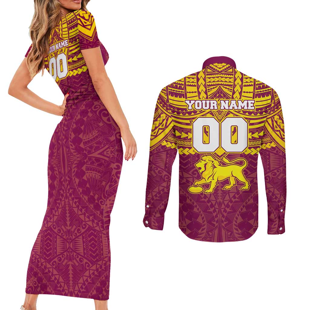 Personalized Brisbane Lions Couples Matching Short Sleeve Bodycon Dress and Long Sleeve Button Shirt Polynesian Tribal Pattern Heritage Football