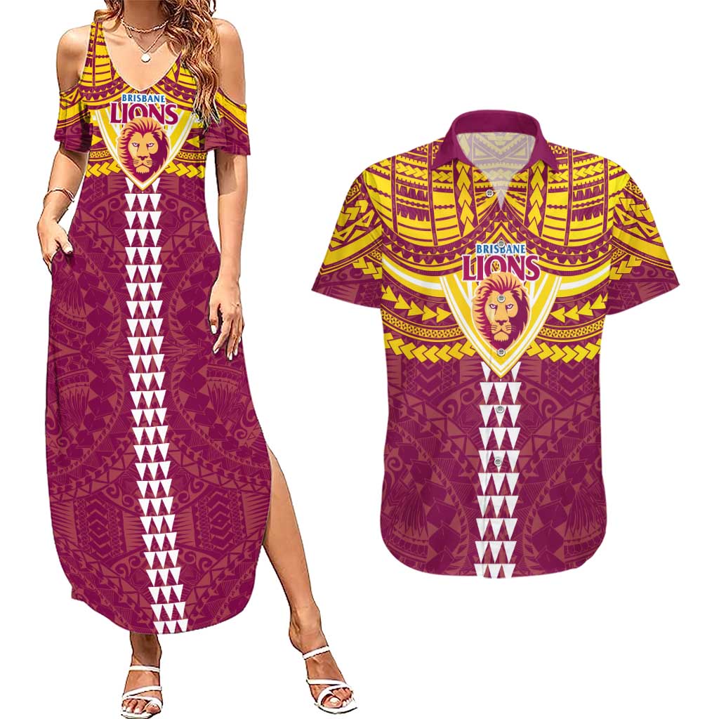 Personalized Brisbane Lions Couples Matching Summer Maxi Dress and Hawaiian Shirt Polynesian Tribal Pattern Heritage Football