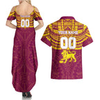Personalized Brisbane Lions Couples Matching Summer Maxi Dress and Hawaiian Shirt Polynesian Tribal Pattern Heritage Football