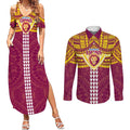 Personalized Brisbane Lions Couples Matching Summer Maxi Dress and Long Sleeve Button Shirt Polynesian Tribal Pattern Heritage Football