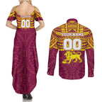 Personalized Brisbane Lions Couples Matching Summer Maxi Dress and Long Sleeve Button Shirt Polynesian Tribal Pattern Heritage Football