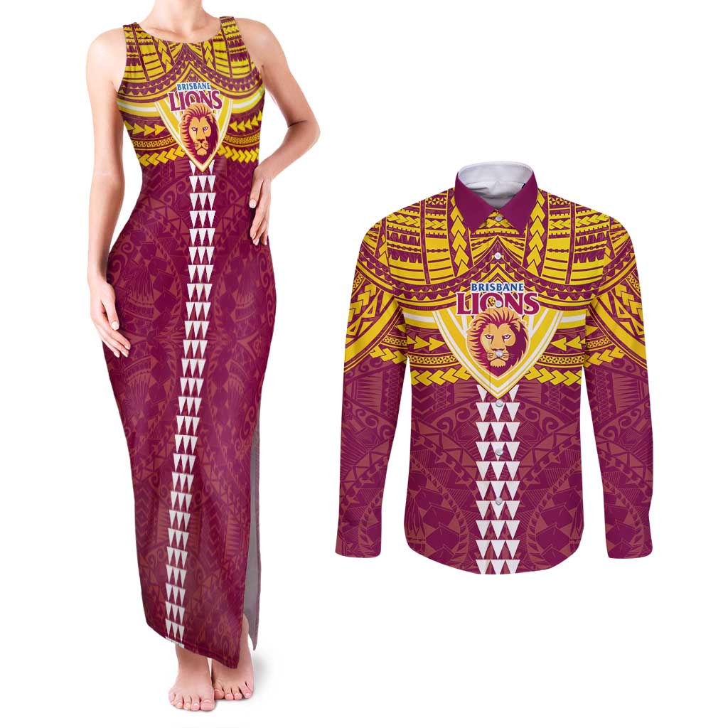 Personalized Brisbane Lions Couples Matching Tank Maxi Dress and Long Sleeve Button Shirt Polynesian Tribal Pattern Heritage Football
