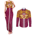 Personalized Brisbane Lions Couples Matching Tank Maxi Dress and Long Sleeve Button Shirt Polynesian Tribal Pattern Heritage Football