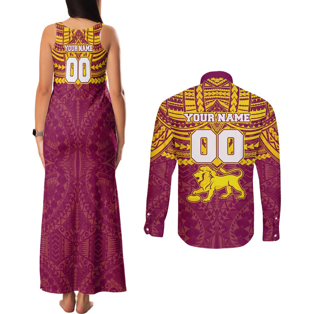 Personalized Brisbane Lions Couples Matching Tank Maxi Dress and Long Sleeve Button Shirt Polynesian Tribal Pattern Heritage Football