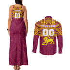Personalized Brisbane Lions Couples Matching Tank Maxi Dress and Long Sleeve Button Shirt Polynesian Tribal Pattern Heritage Football