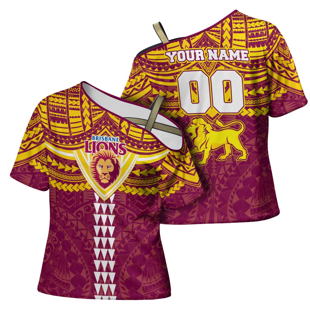 Personalized Brisbane Lions Cross Shoulder Shirt Polynesian Tribal Pattern Heritage Football