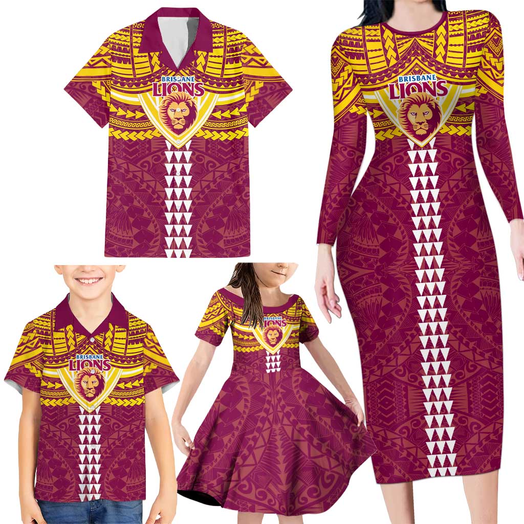 Personalized Brisbane Lions Family Matching Long Sleeve Bodycon Dress and Hawaiian Shirt Polynesian Tribal Pattern Heritage Football