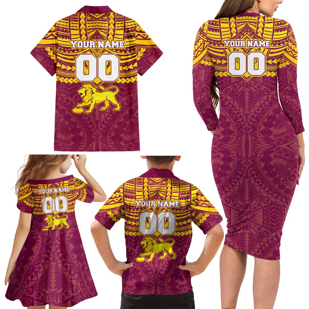 Personalized Brisbane Lions Family Matching Long Sleeve Bodycon Dress and Hawaiian Shirt Polynesian Tribal Pattern Heritage Football