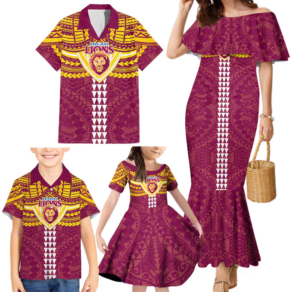 Personalized Brisbane Lions Family Matching Mermaid Dress and Hawaiian Shirt Polynesian Tribal Pattern Heritage Football