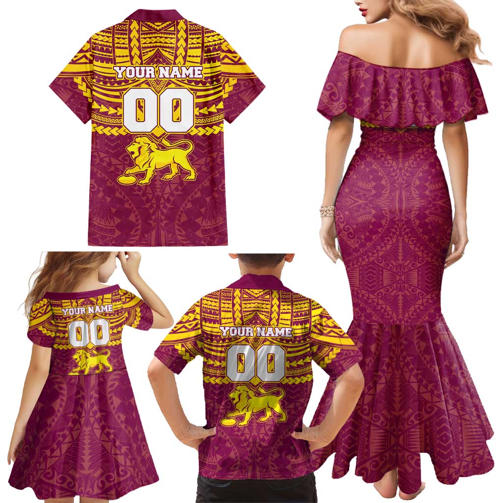 Personalized Brisbane Lions Family Matching Mermaid Dress and Hawaiian Shirt Polynesian Tribal Pattern Heritage Football