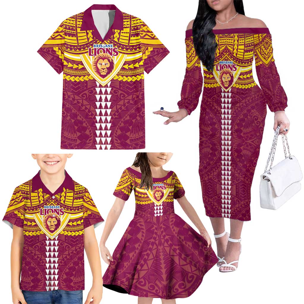 Personalized Brisbane Lions Family Matching Off The Shoulder Long Sleeve Dress and Hawaiian Shirt Polynesian Tribal Pattern Heritage Football