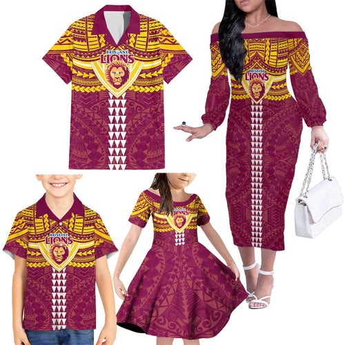Personalized Brisbane Lions Family Matching Off The Shoulder Long Sleeve Dress and Hawaiian Shirt Polynesian Tribal Pattern Heritage Football