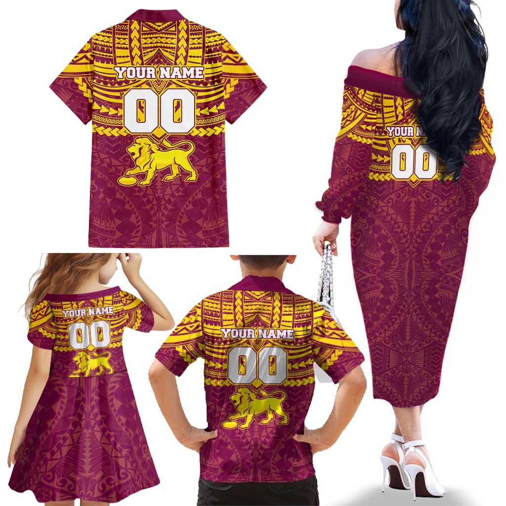 Personalized Brisbane Lions Family Matching Off The Shoulder Long Sleeve Dress and Hawaiian Shirt Polynesian Tribal Pattern Heritage Football