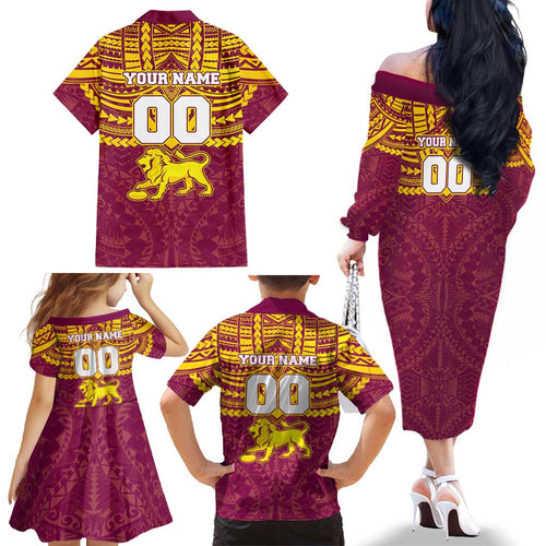 Personalized Brisbane Lions Family Matching Off The Shoulder Long Sleeve Dress and Hawaiian Shirt Polynesian Tribal Pattern Heritage Football