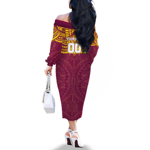 Personalized Brisbane Lions Family Matching Off The Shoulder Long Sleeve Dress and Hawaiian Shirt Polynesian Tribal Pattern Heritage Football