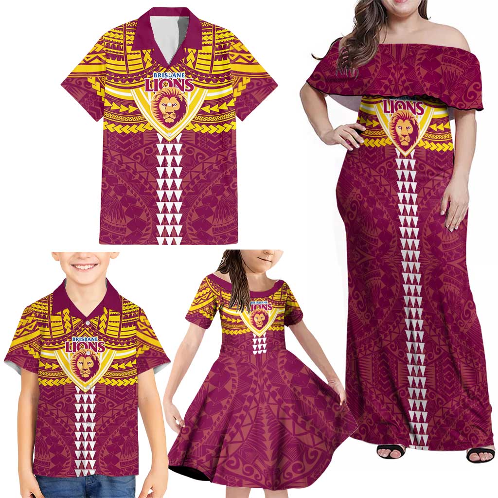 Personalized Brisbane Lions Family Matching Off Shoulder Maxi Dress and Hawaiian Shirt Polynesian Tribal Pattern Heritage Football