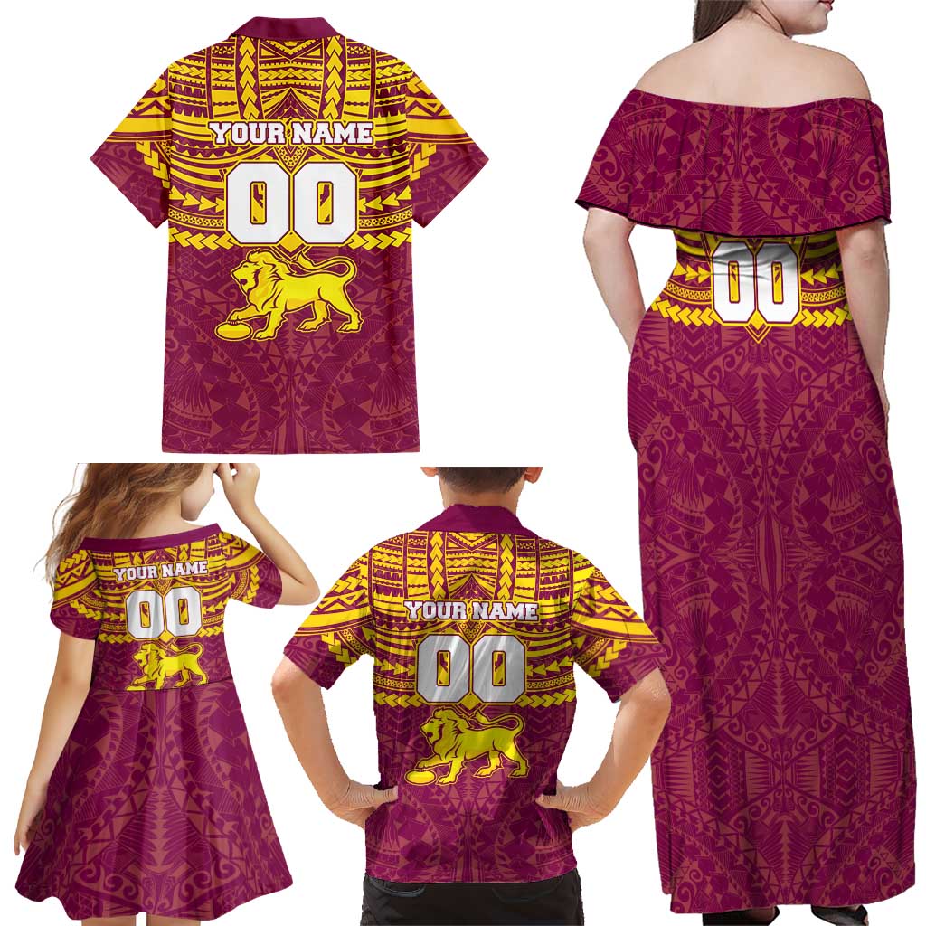 Personalized Brisbane Lions Family Matching Off Shoulder Maxi Dress and Hawaiian Shirt Polynesian Tribal Pattern Heritage Football
