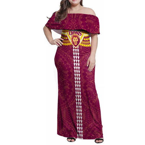 Personalized Brisbane Lions Family Matching Off Shoulder Maxi Dress and Hawaiian Shirt Polynesian Tribal Pattern Heritage Football