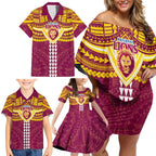 Personalized Brisbane Lions Family Matching Off Shoulder Short Dress and Hawaiian Shirt Polynesian Tribal Pattern Heritage Football