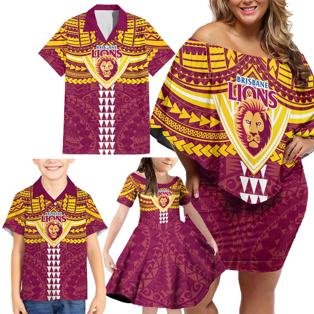 Personalized Brisbane Lions Family Matching Off Shoulder Short Dress and Hawaiian Shirt Polynesian Tribal Pattern Heritage Football