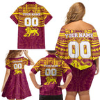 Personalized Brisbane Lions Family Matching Off Shoulder Short Dress and Hawaiian Shirt Polynesian Tribal Pattern Heritage Football