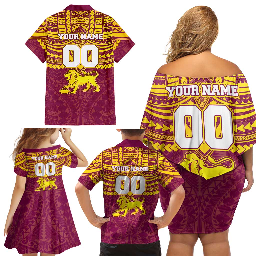 Personalized Brisbane Lions Family Matching Off Shoulder Short Dress and Hawaiian Shirt Polynesian Tribal Pattern Heritage Football