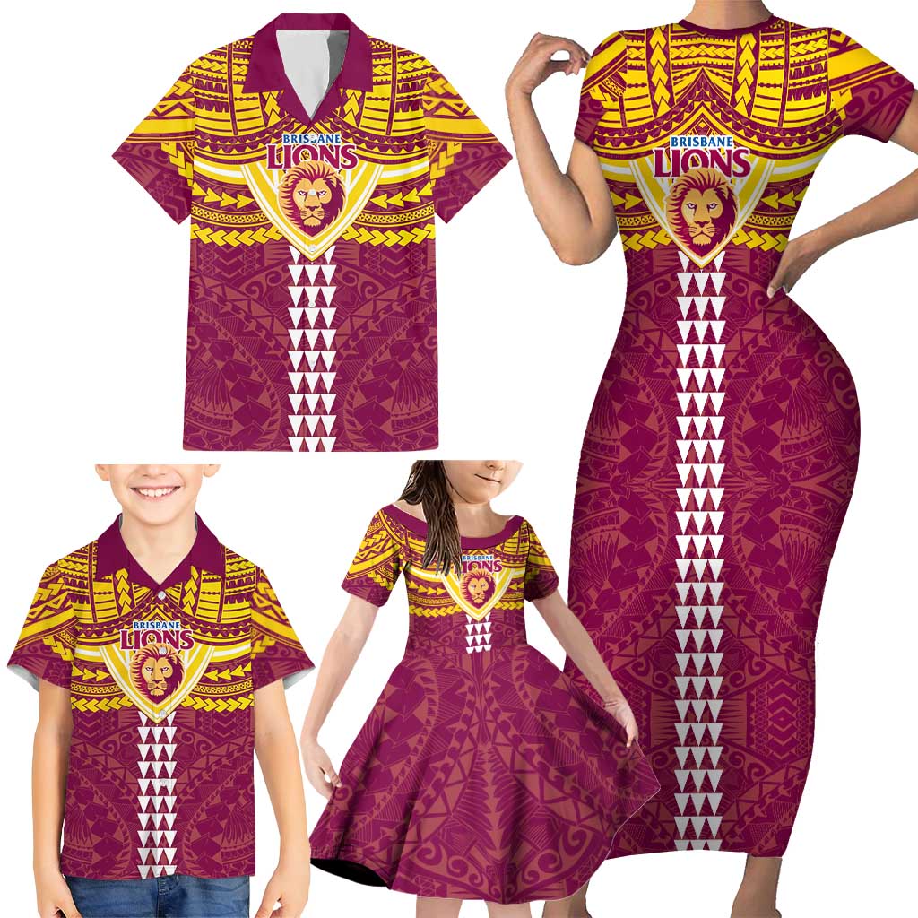 Personalized Brisbane Lions Family Matching Short Sleeve Bodycon Dress and Hawaiian Shirt Polynesian Tribal Pattern Heritage Football