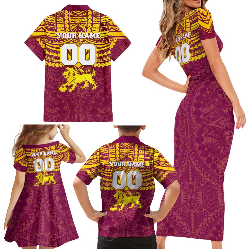 Personalized Brisbane Lions Family Matching Short Sleeve Bodycon Dress and Hawaiian Shirt Polynesian Tribal Pattern Heritage Football