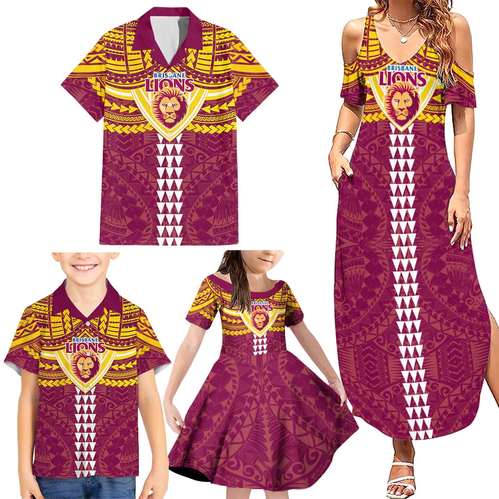 Personalized Brisbane Lions Family Matching Summer Maxi Dress and Hawaiian Shirt Polynesian Tribal Pattern Heritage Football