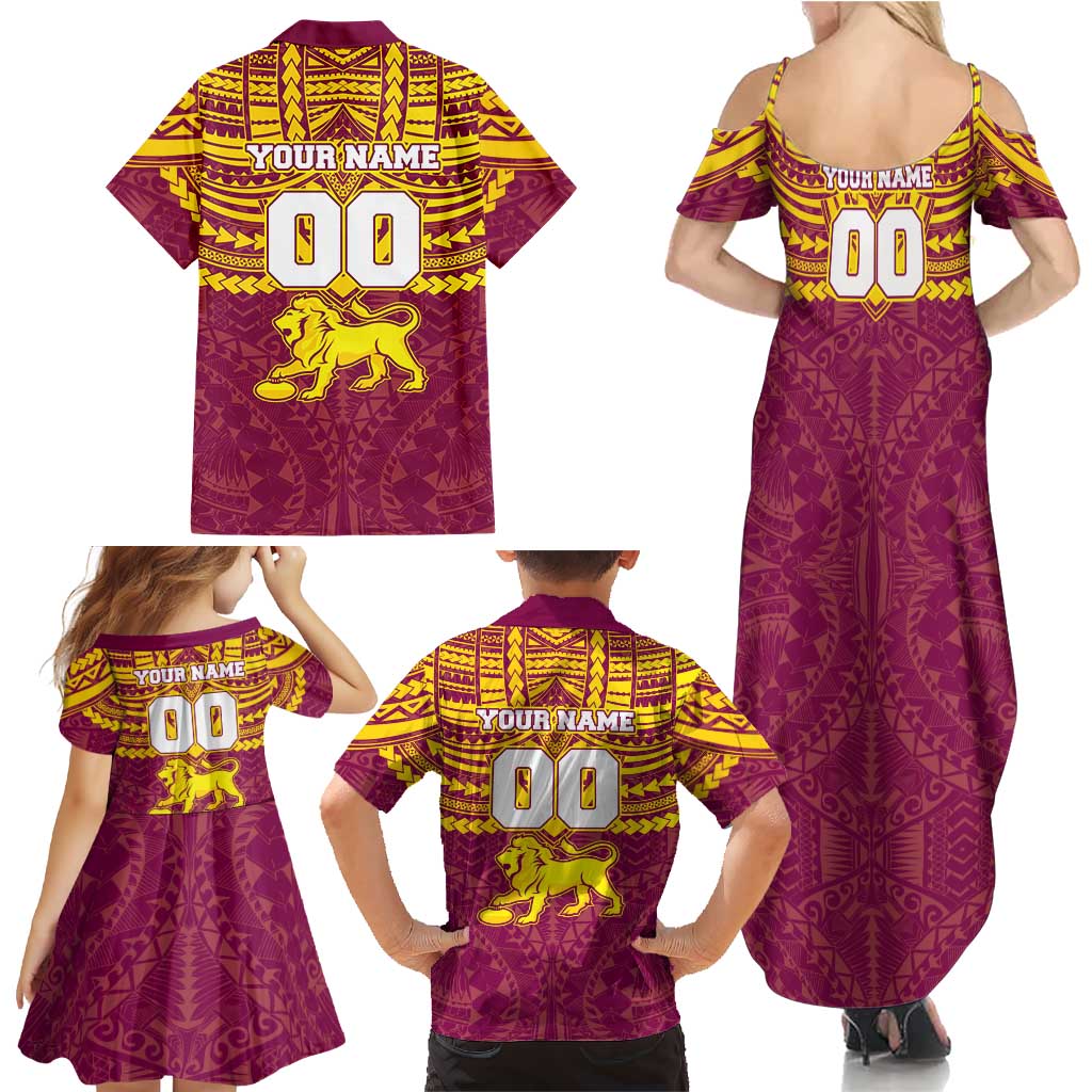 Personalized Brisbane Lions Family Matching Summer Maxi Dress and Hawaiian Shirt Polynesian Tribal Pattern Heritage Football