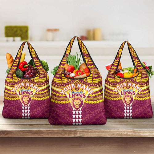 Personalized Brisbane Lions Grocery Bag Polynesian Tribal Pattern Heritage Football