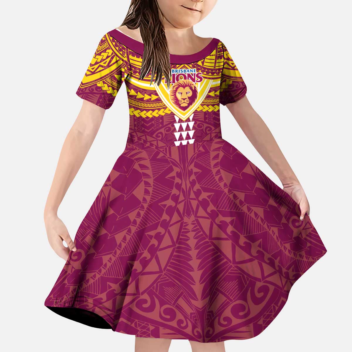 Personalized Brisbane Lions Kid Short Sleeve Dress Polynesian Tribal Pattern Heritage Football
