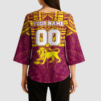 Personalized Brisbane Lions Kimono Sleeve Blouse Polynesian Tribal Pattern Heritage Football