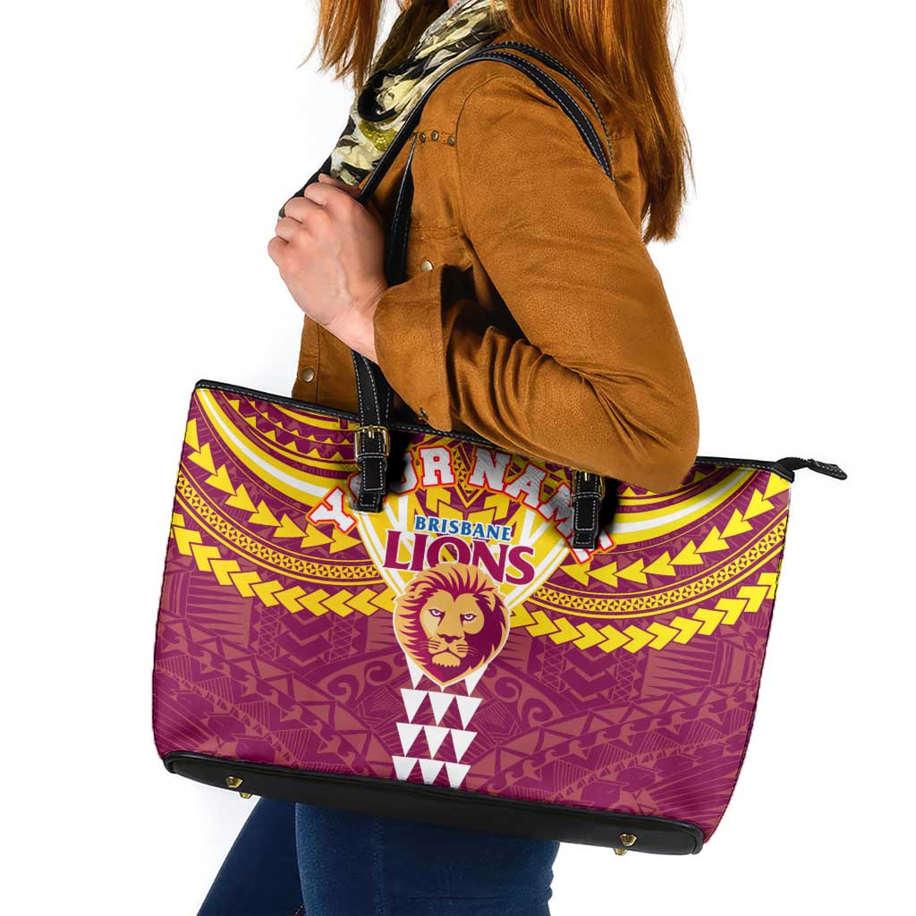 Personalized Brisbane Lions Leather Tote Bag Polynesian Tribal Pattern Heritage Football