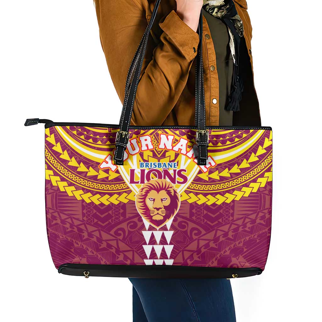 Personalized Brisbane Lions Leather Tote Bag Polynesian Tribal Pattern Heritage Football