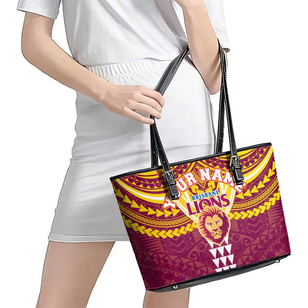 Personalized Brisbane Lions Leather Tote Bag Polynesian Tribal Pattern Heritage Football