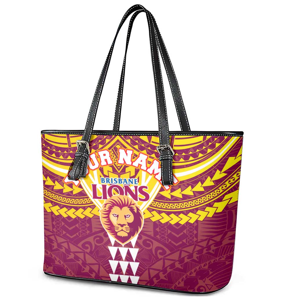 Personalized Brisbane Lions Leather Tote Bag Polynesian Tribal Pattern Heritage Football