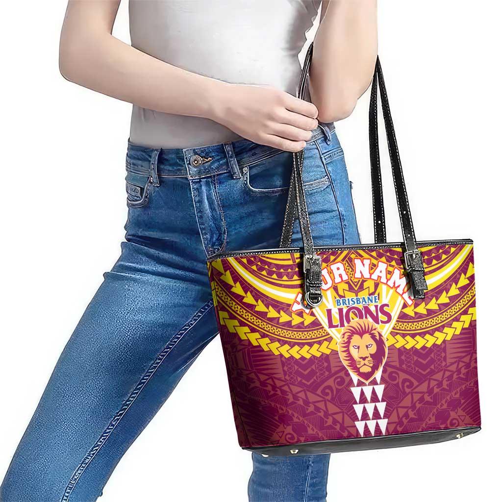 Personalized Brisbane Lions Leather Tote Bag Polynesian Tribal Pattern Heritage Football