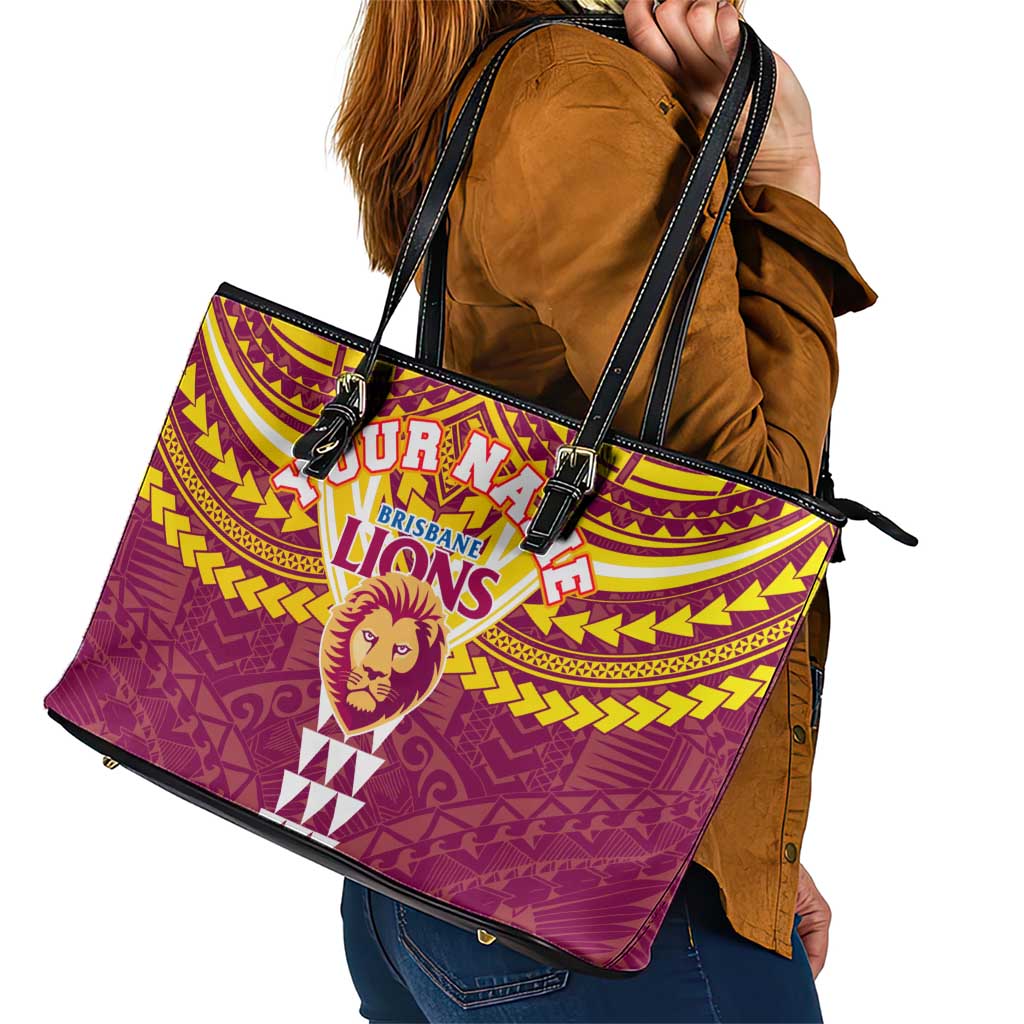 Personalized Brisbane Lions Leather Tote Bag Polynesian Tribal Pattern Heritage Football