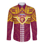 Personalized Brisbane Lions Long Sleeve Button Shirt Polynesian Tribal Pattern Heritage Football