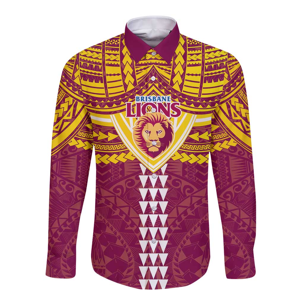 Personalized Brisbane Lions Long Sleeve Button Shirt Polynesian Tribal Pattern Heritage Football