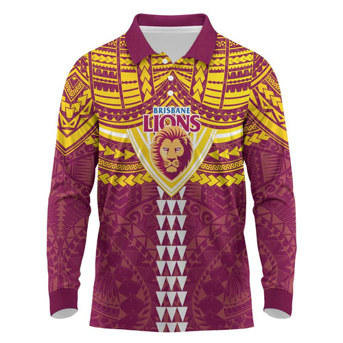 Personalized Brisbane Lions Long Sleeve Polo Shirt Polynesian Tribal Pattern Heritage Football